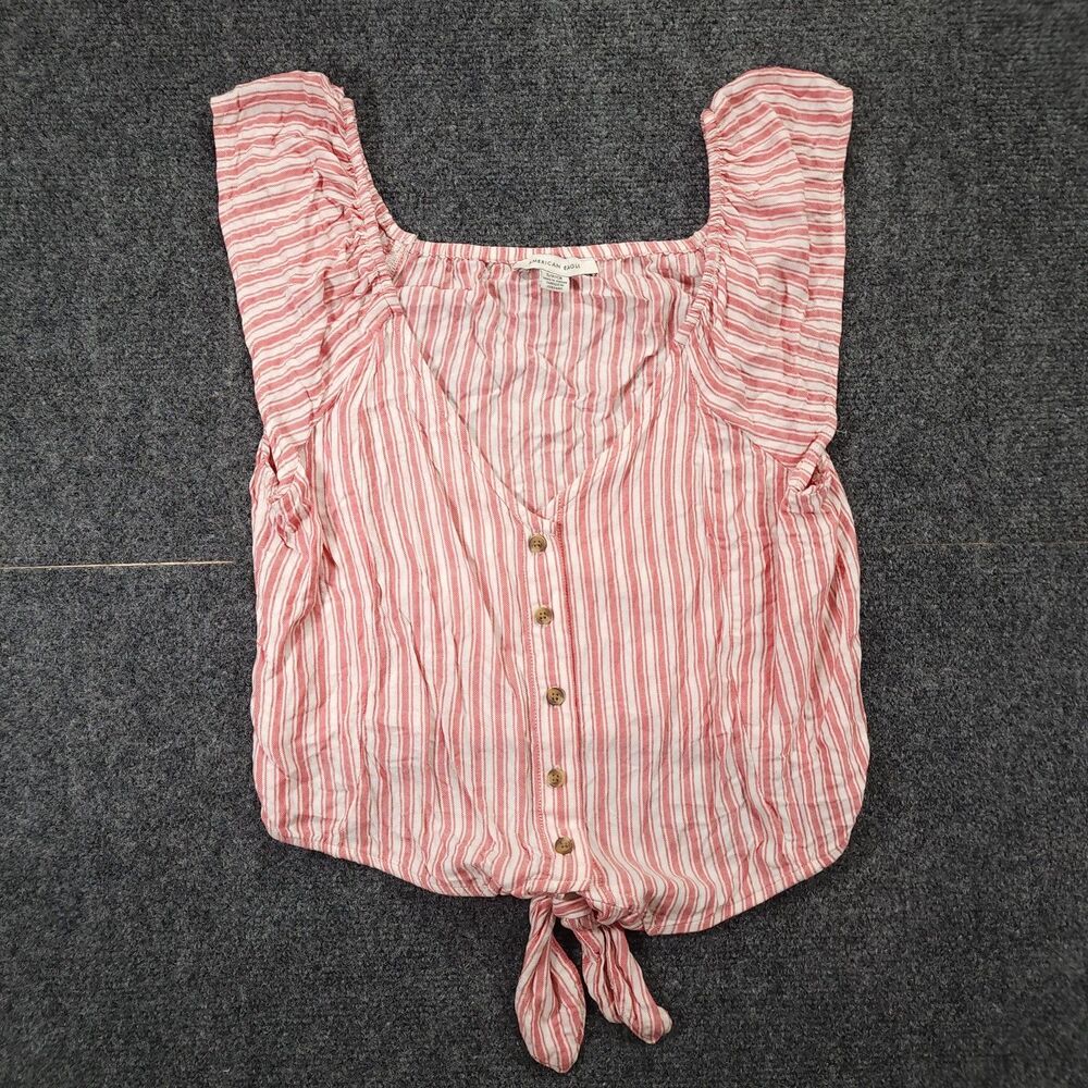 American Eagle Striped Tie Front Crop Top Women Pink White S Sleeveless Button